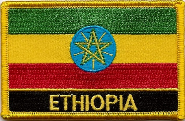 High Quality Low Price 3.5 x 2.5 Inch Rectangle Ethiopia Flag Embroidered  Cloth Sew On Iron On Ethiopia Emblem Patch with Name with Golden Yellow  Border